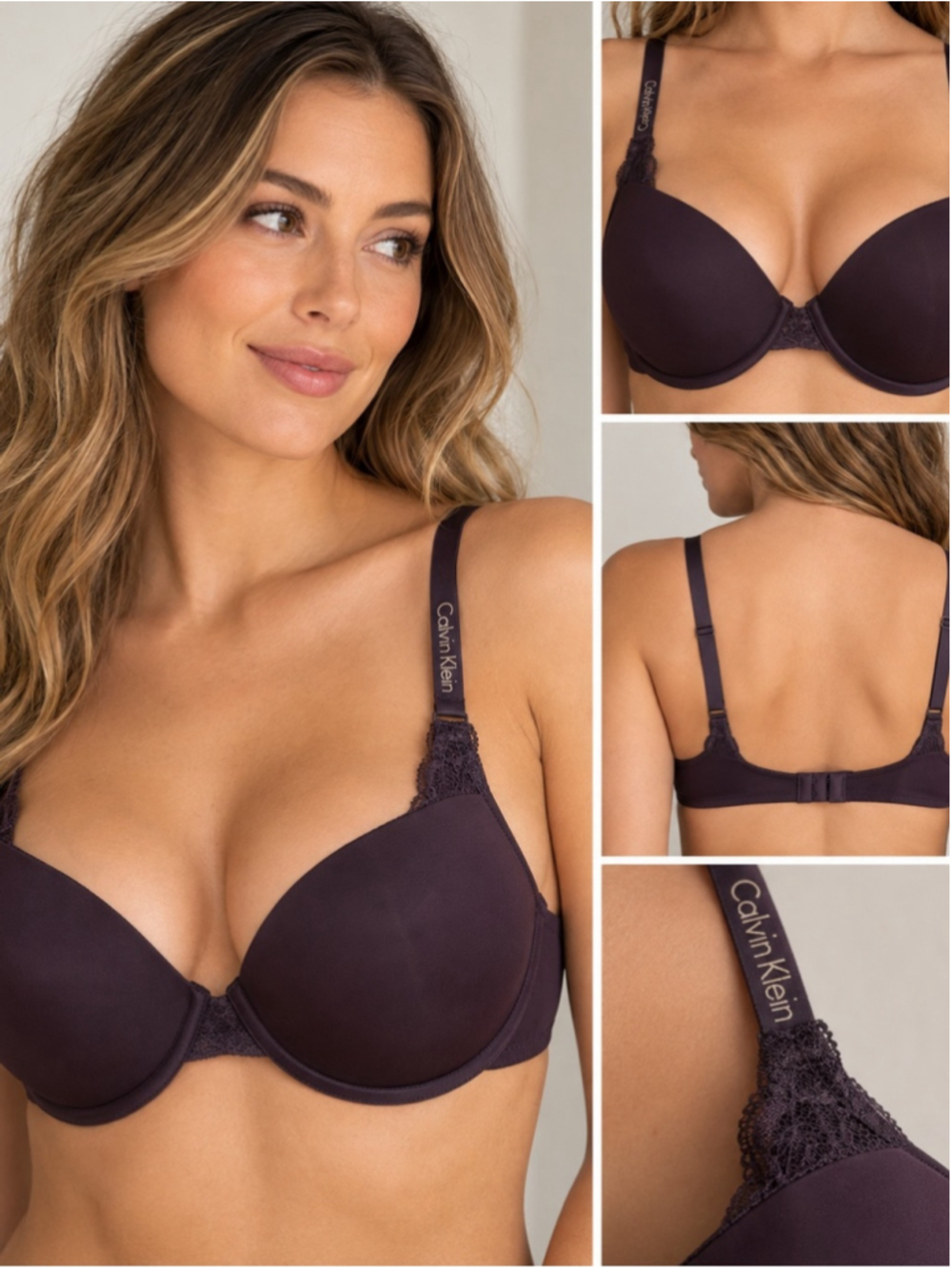 Calvin Klein Eggplant Purple Plum Lace-Trim T-Shirt Bra Size 36C Underwire